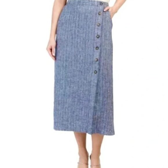Rachel Zoe Dresses & Skirts - Rachel Zoe Linen Indigo Front Button-Down Women's Midi Skirt Pockets Sz M